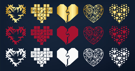 Hearts icon collection. Live broadcast of video, chat, likes. Collection of heart illustrations, love symbol icons set. Golden hearts