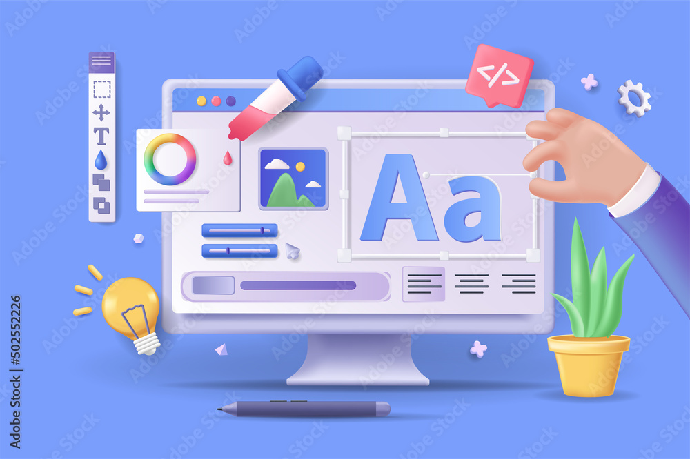 Fototapete ui ux design concept 3d illustration. icon composition with computer display with drawing graphic el