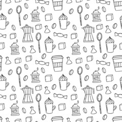 Coffee utensils black ink outline in doodle style seamless pattern.