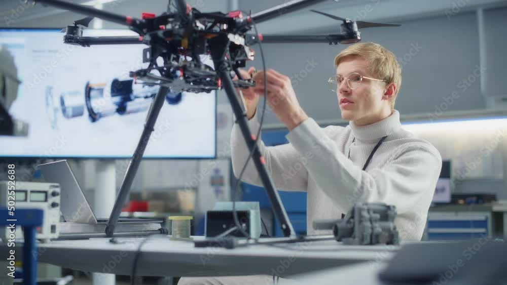 Poster Young Caucasian Male Engineer Put Processor in the Drone while Designing Unmanned Aerial Vehicle at Laboratory. Breakthrough in Drone Design Concept. Portrait View