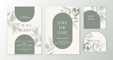 Luxury arch wedding invitation card background with green watercolor botanical leaves. Double arch elegant shape.