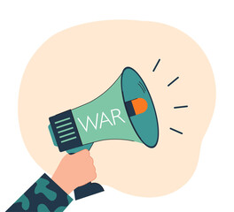 Hand holding megaphone with word war flat vector illustration. Military officer warning of danger. Invasion, independence concept for banner, website design or landing web page