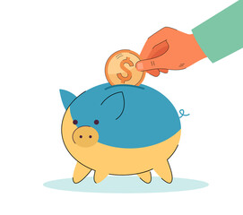 Hand putting coin in blue and yellow piggy bank. People donating money to Ukrainian refugees flat vector illustration. Charity, help, aid concept for banner, website design or landing web page