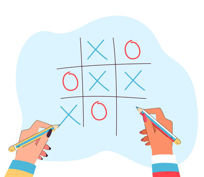 Hands holding pencils in colors of Russian and Ukrainian flags. People playing oughts and crosses flat vector illustration. Victory, defeat concept for banner, website design or landing web page
