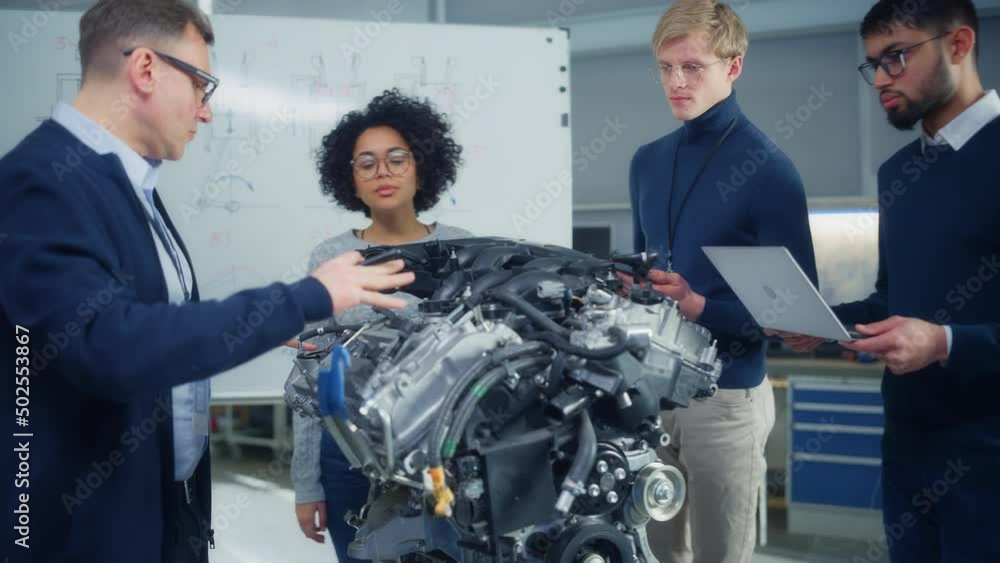 Poster Chief Engineer Explain Engineering to Young Specialists And Point at Whiteboard. Smart People Solving Problems and Look at Engine. Engineering and Green Electric Energy Concept