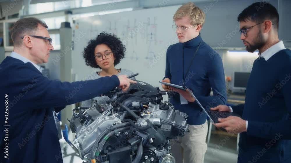 Poster Industry High-Tech Factory: Diverse Team of Engineers Working on Engine Design Under the Supervision of Male Professor. Research, Development, Digitalisation of Green Electric Energy Concept