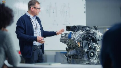 Brilliant Future Engineers Listening Lecturer, Female Student Raise Hand and Ask a Question. Scientist Explains About Engine at the Research Laboratory. Modern Industry 4 Concept