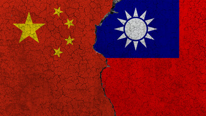 China vs versus Taiwan, China prepares for the invasion of Taiwan, two flags and an old wall on...