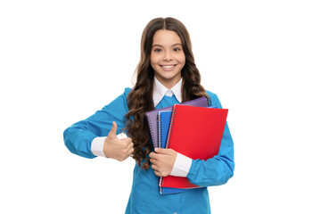 thumb up. happy teen girl with notebook. back to school. child ready to study.