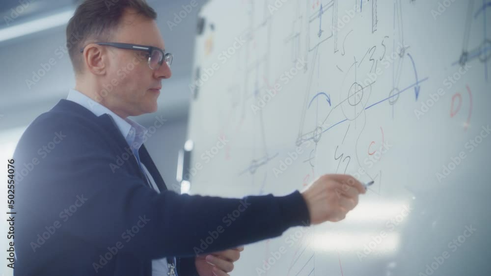 Aufkleber Male Professor Solving Problems and Discovering New while Using Whiteboard with Young Specialists. Science, Conceptuality and Problem Solving Concept