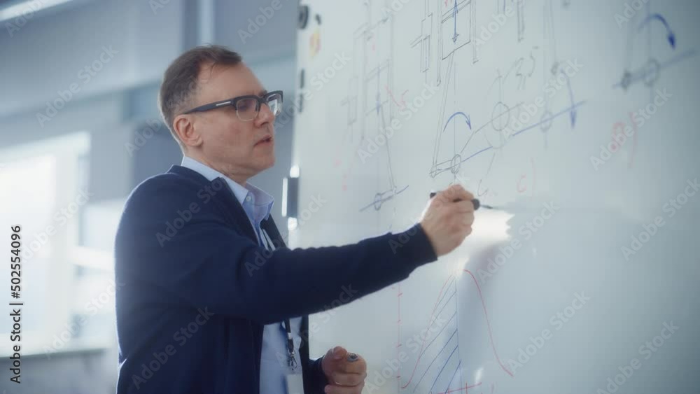 Poster Teacher Talk to Students and Use Chalkboard at University Lecture Class. Smart man Draw Formulas and Schemes at Seminar. Genius Solves Problems Concept