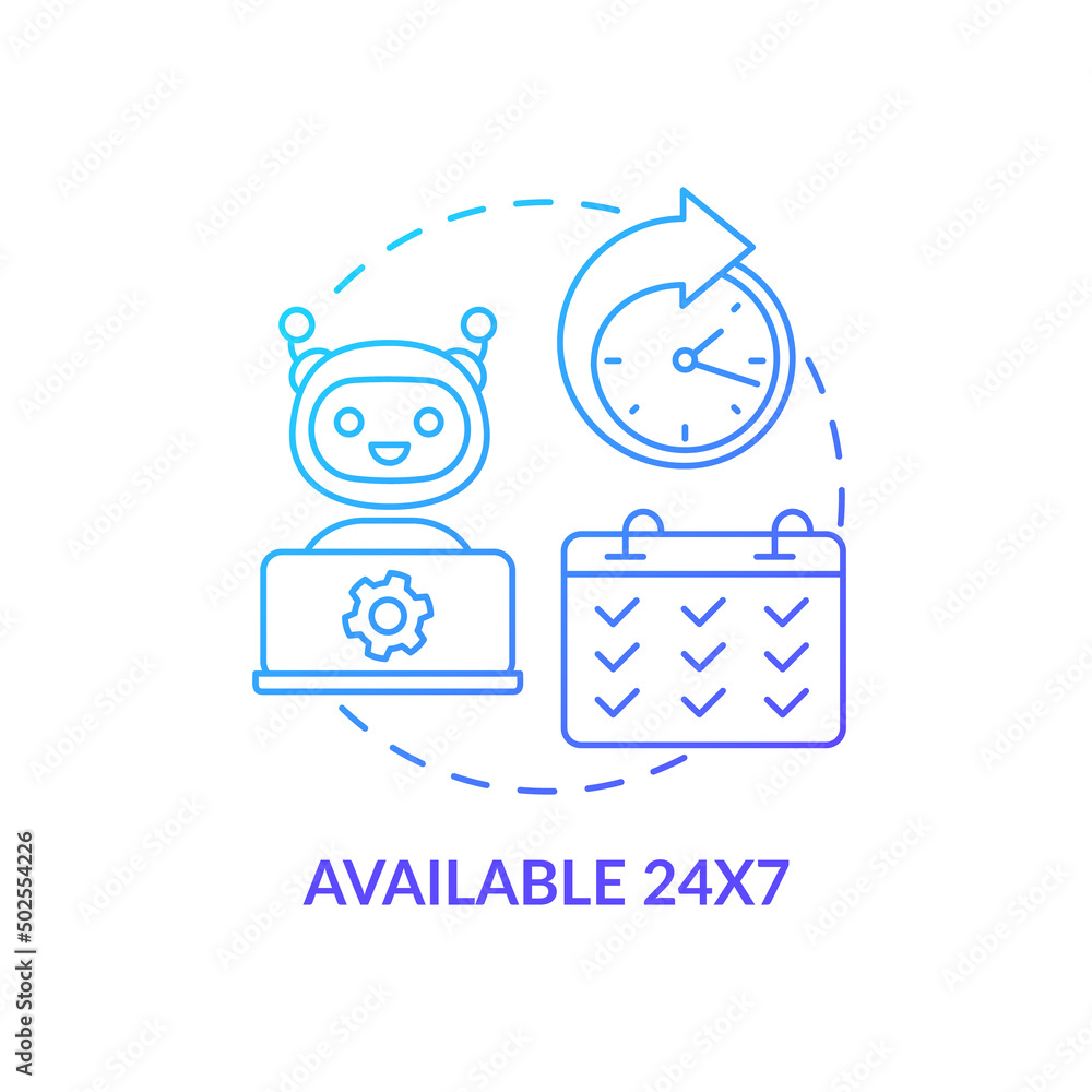 Poster available at any time blue gradient concept icon. continual work. artificial intelligence advantage 