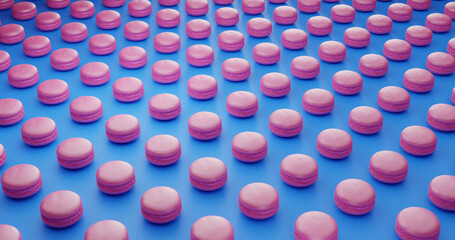 many pastel pink macarons distributed in lines on blue background. Pastel colours. Elegant food concept. 3d render illustration