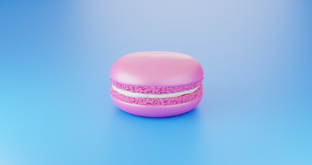 Close up of one pink macaron on blue background. Pastel colours. Elegant food concept. 3d render illustration