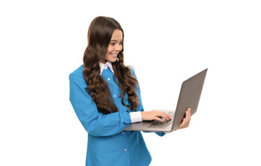 kid on video lesson. teen girl use laptop for blogging. webinar at online education.