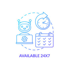 Available at any time blue gradient concept icon. Continual work. Artificial intelligence advantage abstract idea thin line illustration. Isolated outline drawing. Myriad Pro-Bold font used