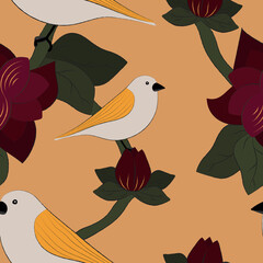 Seamless pattern with birds and flowers. Vector background for fabric, paper, decor elements, interior.