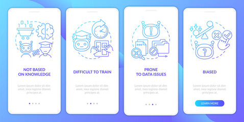 Drawbacks of machine learning blue gradient onboarding mobile app screen. Walkthrough 4 steps graphic instructions pages with linear concepts. UI, UX, GUI template. Myriad Pro-Bold, Regular fonts used