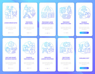 Artificial intelligence blue gradient onboarding mobile app screen set. Advantage walkthrough 5 steps instructions pages with linear concepts. UI, UX, GUI template. Myriad Pro-Bold, Regular fonts used