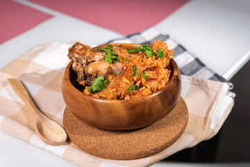 Jollof rice dome for Nigerian Ghanaian food concept. African national dish.
