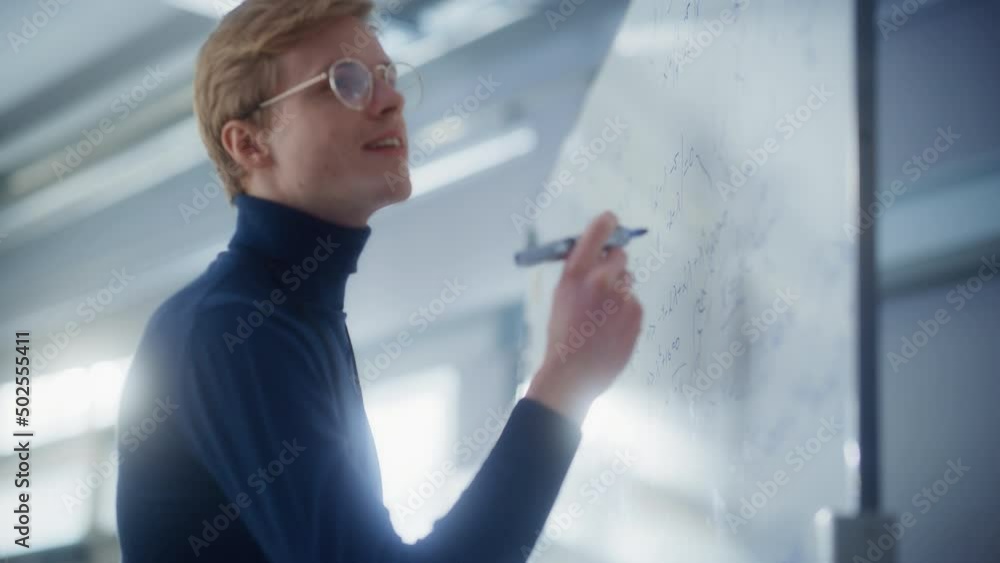Poster Young Male Scientist Solving Problems and Discovering New while Using Whiteboard. Science, Conceptuality and Breakthrough in Science Concept