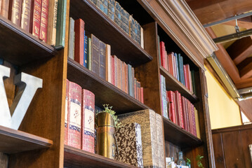 Bookshelves lined with old books