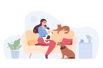 Obraz na płótnie Canvas Happy cartoon woman playing with pets on sofa at home. Owner of dogs and cat smiling and relaxing on couch in cozy room flat vector illustration. Domestic animals, love, care concept for banner