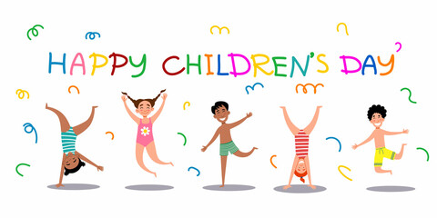 Children s Day card. Cheerful children jump in swimsuits. Vector illustration in a flat style