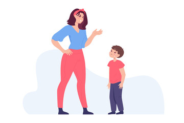 Angry mother screaming at upset son in argument. Woman rebuking sad little boy for being naughty flat vector illustration. Family, violence or abuse concept for banner, website design or landing page