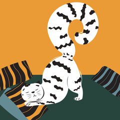 Fototapeta na wymiar white cat with black stripes sleeping on pillows