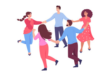 Fototapeta premium People of different nationalities holding hands. Multicultural persons round dancing together flat vector illustration. International communication, friendship concept for banner, website design