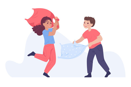 Adorable kids having fun together while fighting using pillows. Boy and girl characters having pillow fight in pajamas flat vector illustration. Childhood, leisure, free time concept for banner