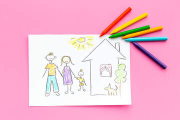 Childrens pencil drawing of family in house. Mortgage concept