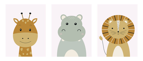 Cute animal portraits. Cartoon giraffe, lion and hippo. Set posters nursery. Wall art kids. Vector illustration for textiles, postcards, game room decoration. Hand drawn baby print. 