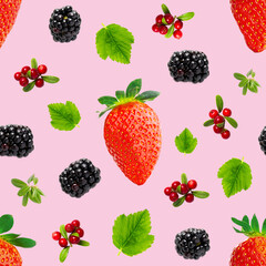 Falling berries seamless pattern isolated on pink background, different flying forest berries. Strawberry, cranberry, bramble