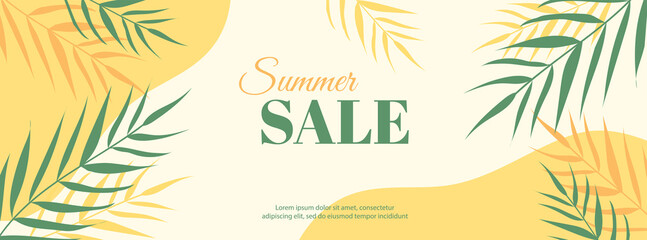 Summer sale vector long yellow banner with palm leaves. Minimal banner for social media advertisement, Facebook header,