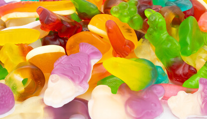 Assorted jelly sweets, mixed colorful gummy candies