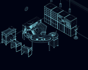 Office wireframe with a working girl at a computer from blue lines isolated on a dark background. Isometric view. Vector illustration.