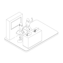 Outline of a receptionist with two girls from black lines isolated on a white background. Isometric view. Vector illustration.