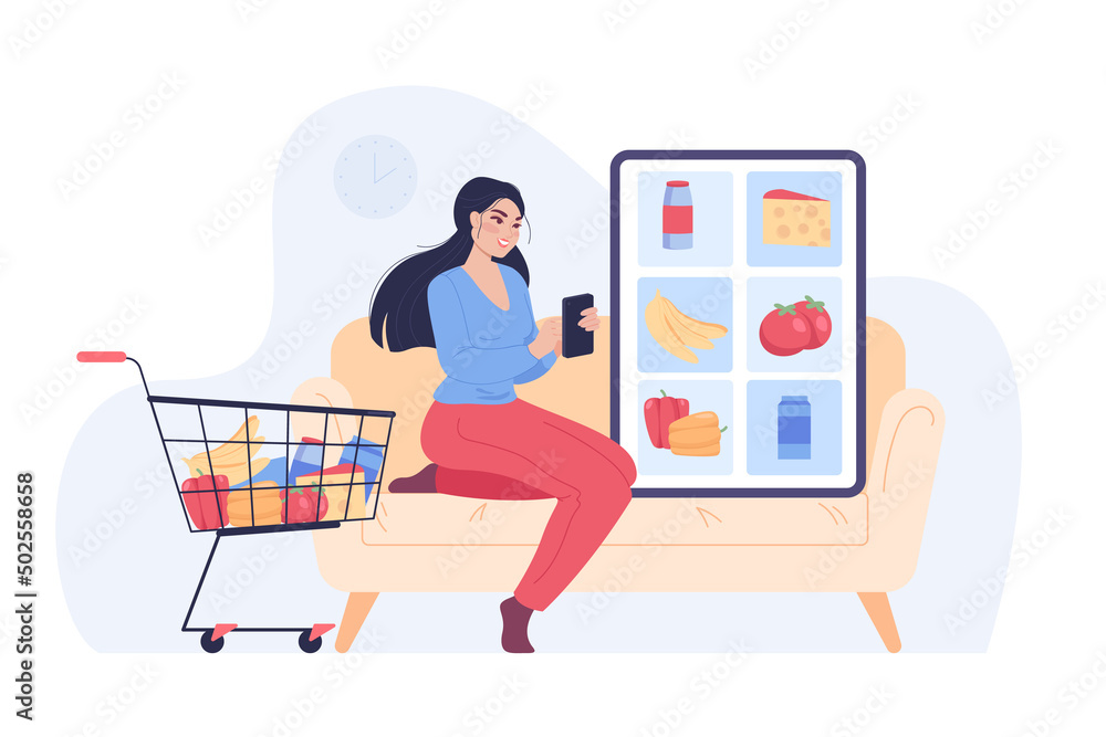 Wall mural Shopping cart next to girl ordering food via mobile app. Tablet on sofa with different food products on screen, online grocery store flat vector illustration. Delivery service concept for banner