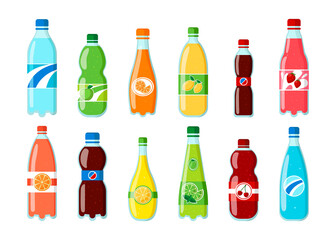 Bottles of different fizzy drinks vector illustrations set. Soda, water, juice in plastic or glass bottles, beverages with different flavors isolated on white background. Beverage, refreshment concept