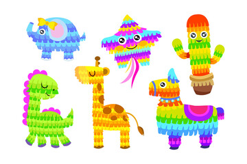 Obraz na płótnie Canvas Cute pinata cartoon characters vector illustrations set. Mexican toys of animal and cactus shapes for birthdays, parties or carnivals isolated on white background. Celebration, holiday concept