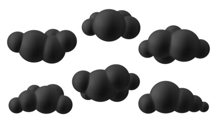 Set of black 3d clouds. Soft round fluffy clouds