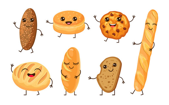 Cute Bread Cartoon Characters Vector Illustrations Set. Collection Of Clipart Of Different Kinds Of Bread, Funny Comic Baguette, Cookies Isolated On White Background. Food, Bakery, Breakfast Concept