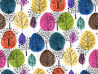 Seamless Hand painted Watercolour Abstract Vintage tree pattern