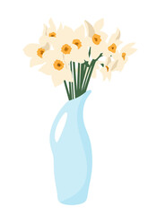 Spring narcissuses flowers in vase composition isolated on white background. Drawing design element for postcard, brochures, invitation template . Vector illustration