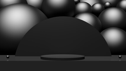 Black monochrome pedestal with balls. Podium for advertising design black and white monochrome. 3D render illustration.