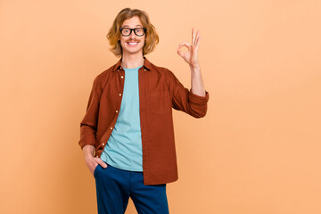 Portrait of attractive cheerful red-haired guy showing ok-sign advert ad cool isolated over beige...