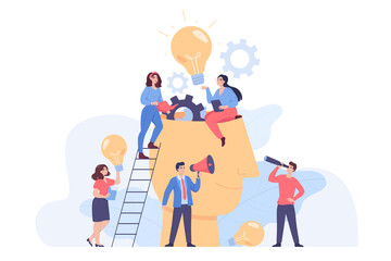 Head full of ideas and tiny people brainstorming together. Creative office persons with bulbs doing research flat vector illustration. Creativity, teamwork, innovation, education, imagination concept