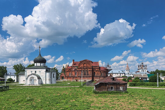 Yuryev-Polsky, Russia. St George Cathedral (left), Trinity Cathedral without dome (center) and Archangel Michael Monastery with Archangel Michael Cathedral (right) on site of the former town's kremlin